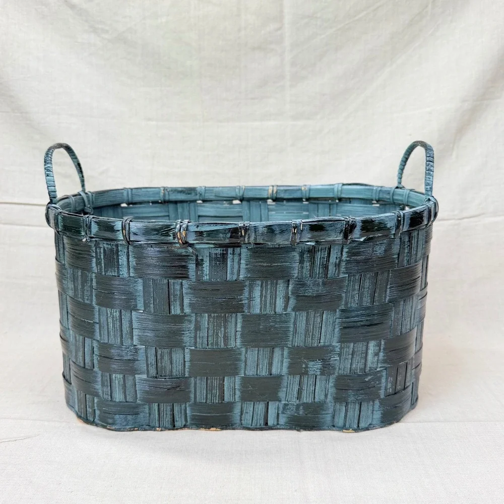 Vintage Dark Green Wicker Storage Basket Oval Handled Basket Cottage Decor